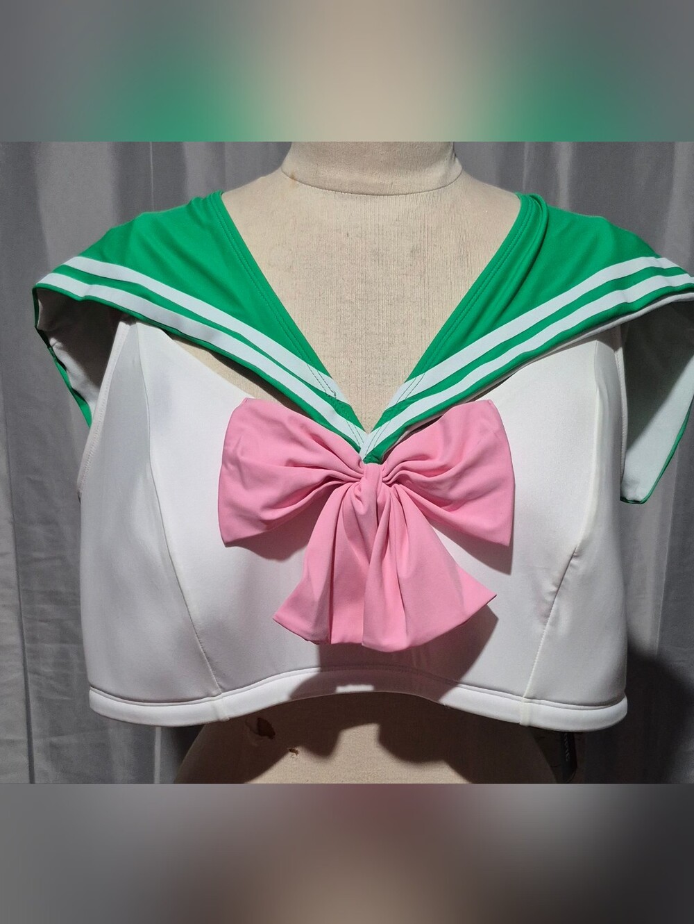 Sailor Jupter White Crop Top with Green Collar & Pink Bow